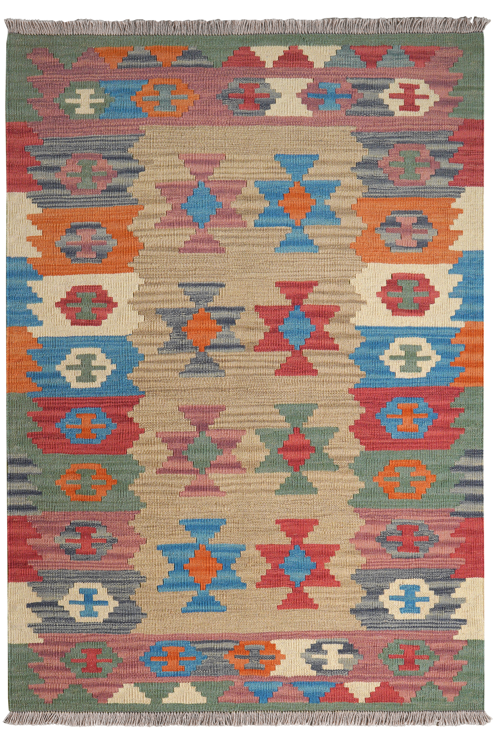 Kelim Gashgai — Handmade, 104x147 cm, Beige, 100% Virgin Wool | Main view