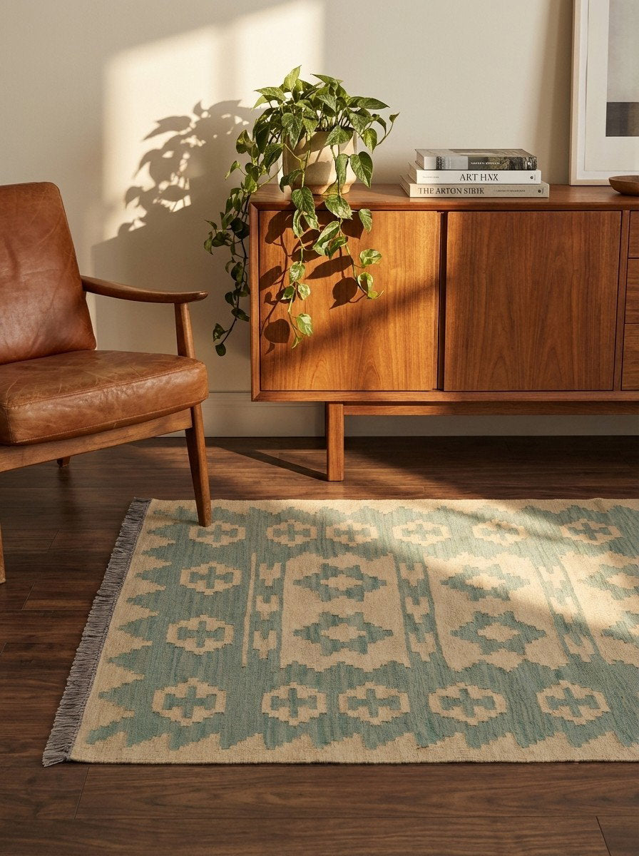 Kelim Gashgai — Handgefertigt, 145x100 cm, Beige, 100% Virgin Wool | Back view