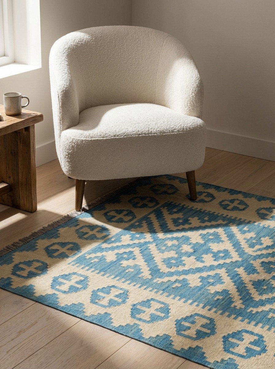 Kelim Gashgai — Handgefertigt, 125x84 cm, Blau, 100% Virgin Wool | Detail view