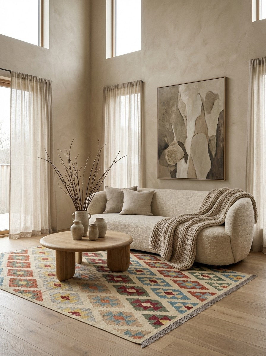 Kelim Gashgai — Handmade, 172x249 cm, Beige, 100% Virgin Wool | Detail view