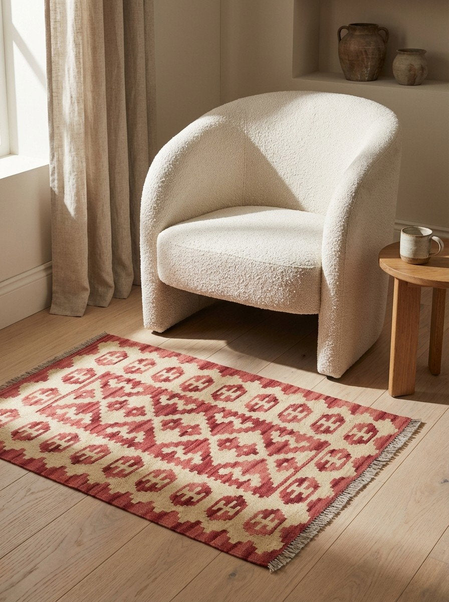 Kelim Gashgai — Handgefertigt, 89x61 cm, Beige, 100% Virgin Wool | Detail view