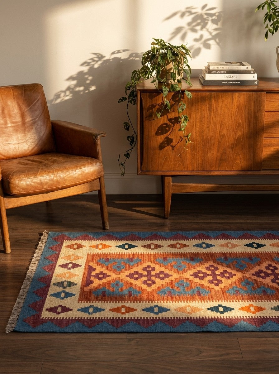 Kelim Gashgai — Handmade, 84x197 cm, Orange, 100% Virgin Wool | Back view