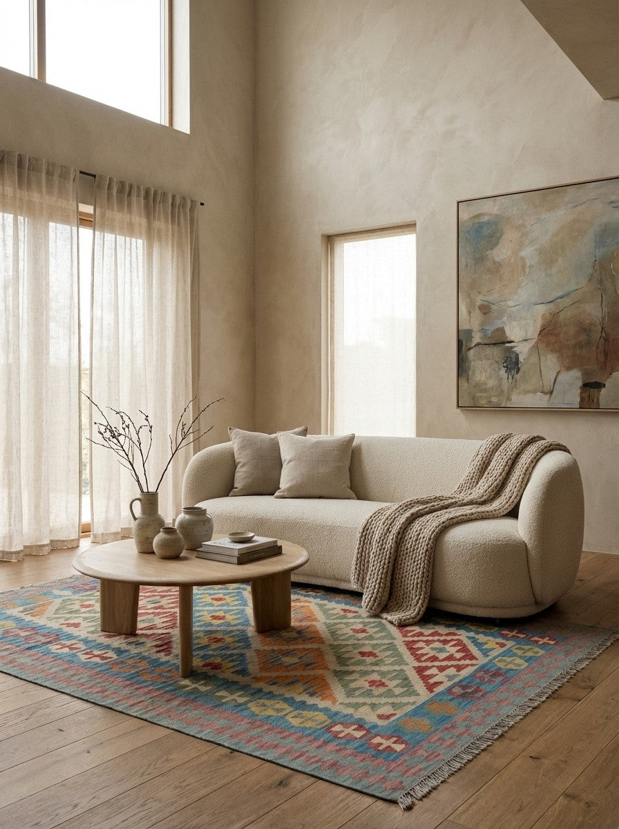 Kelim Gashgai — Handmade, 151x201 cm, Beige, 100% Virgin Wool | Detail view