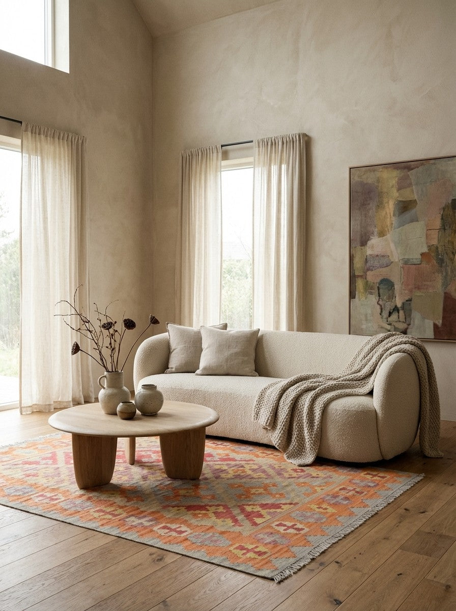 Kelim Gashgai — Handmade, 129x170 cm, Beige, 100% Virgin Wool | Detail view