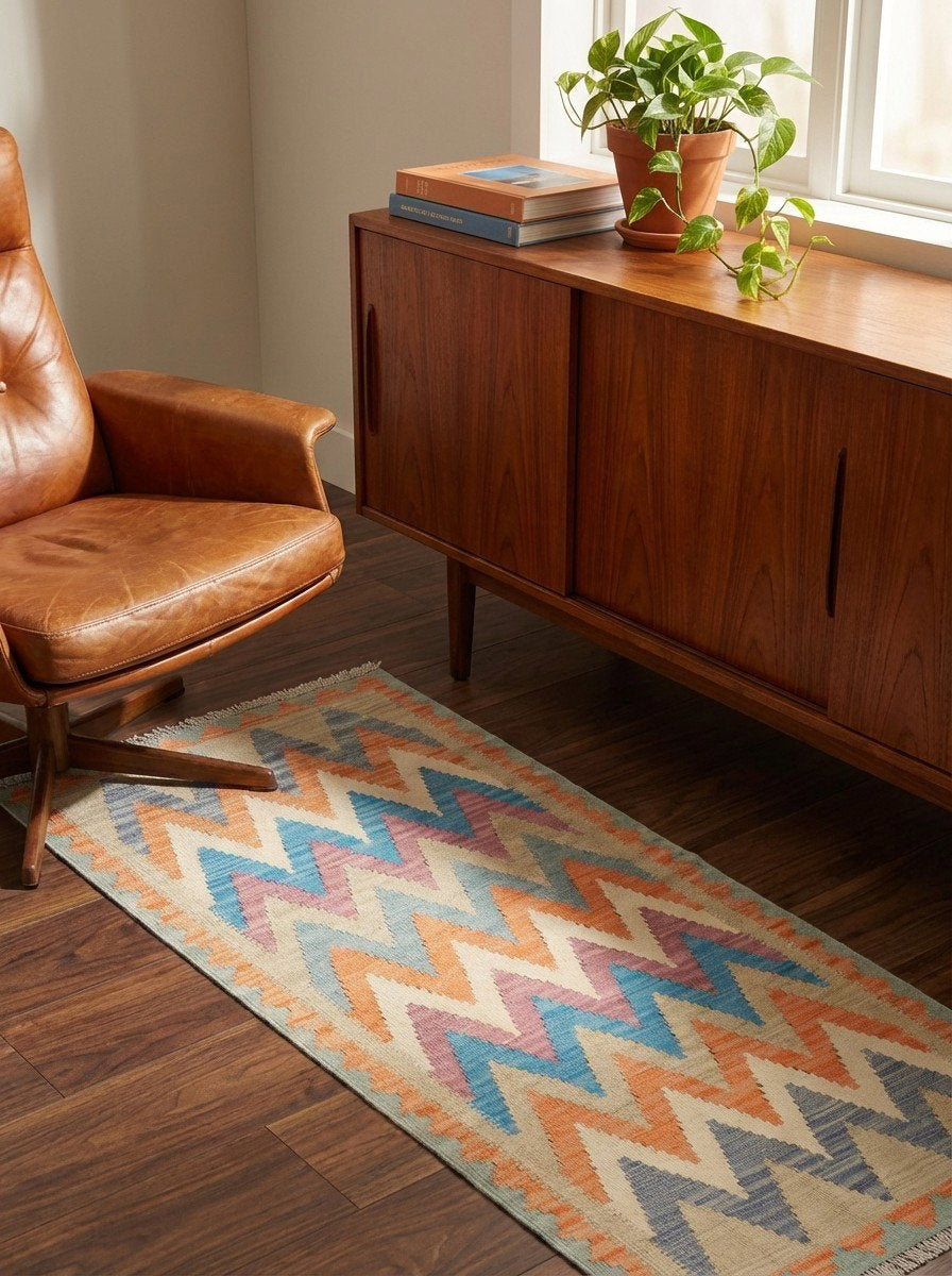 Kelim Gashgai — Handgefertigt, 190x83 cm, Orange, 100% Virgin Wool | Back view