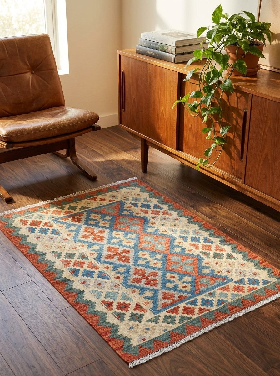Kelim Gashgai — Handmade, 109x152 cm, Blue, 100% Virgin Wool | Back view