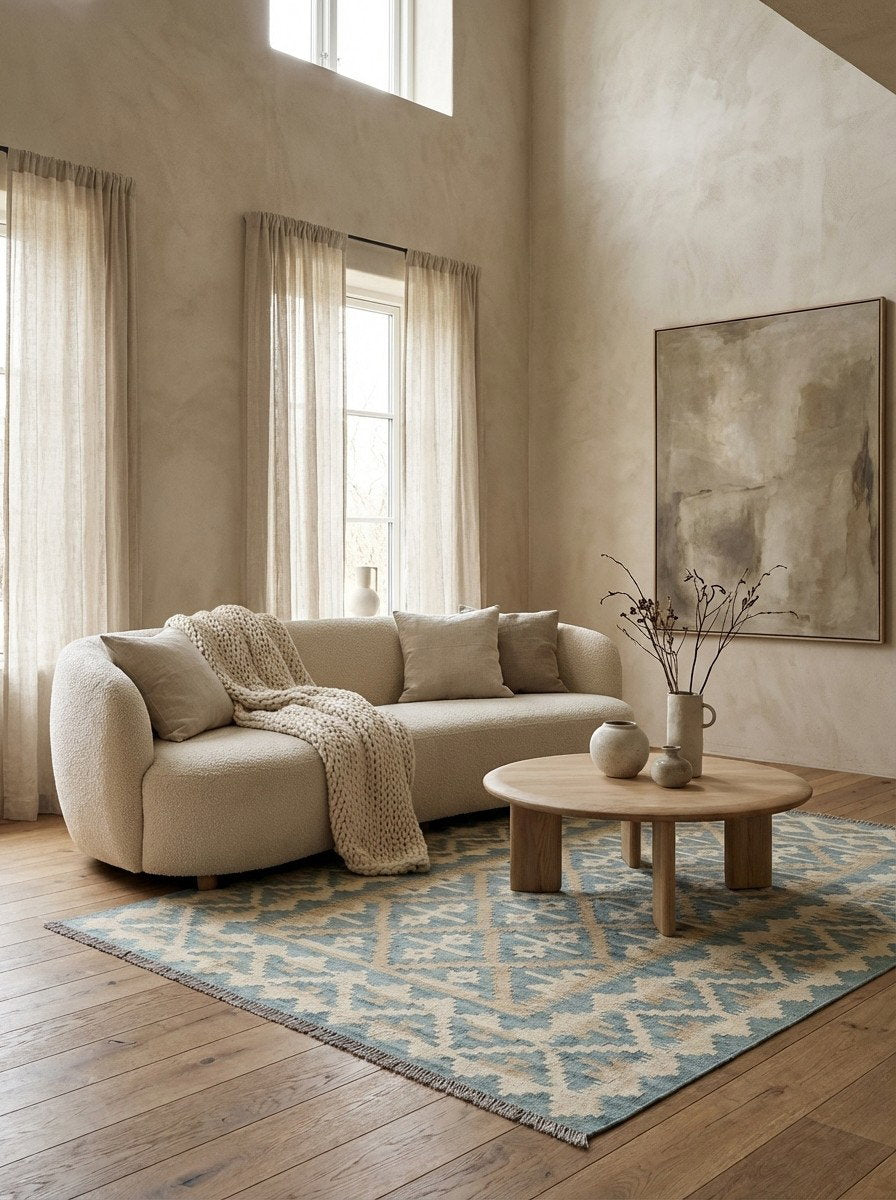 Kelim Gashgai — Handgefertigt, 179x126 cm, Beige, 100% Virgin Wool | Detail view