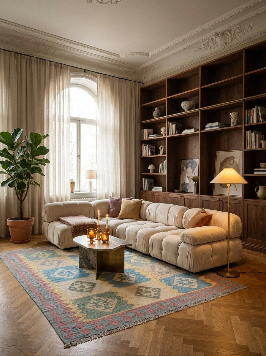 Kelim Gashgai — Handgefertigt, 243x198 cm, Blau, 100% Virgin Wool | Back view