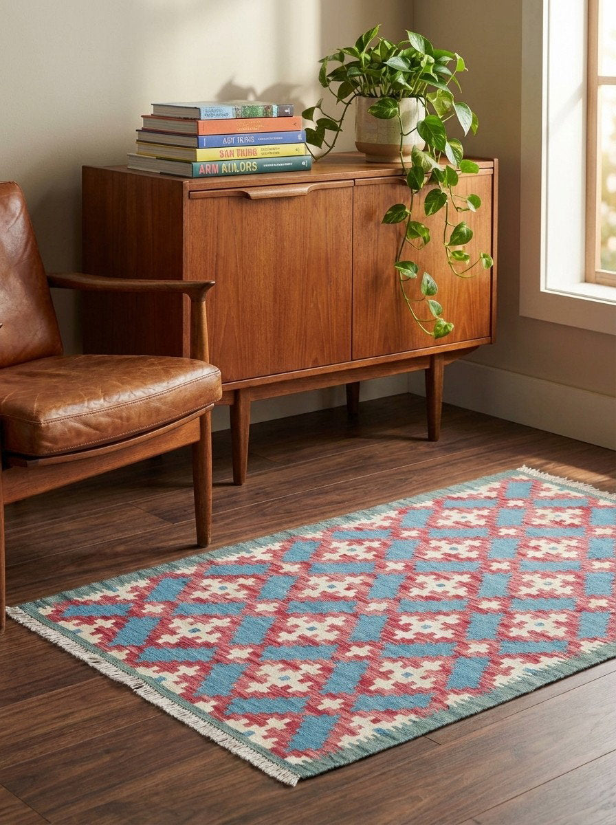 Kelim Gashgai — Handgefertigt, 122x85 cm, Blau, 100% Virgin Wool | Back view