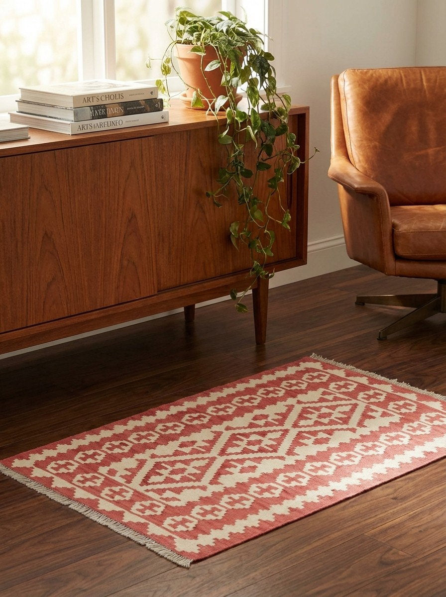 Kelim Gashgai — Handgefertigt, 124x84 cm, Beige, 100% Virgin Wool | Back view