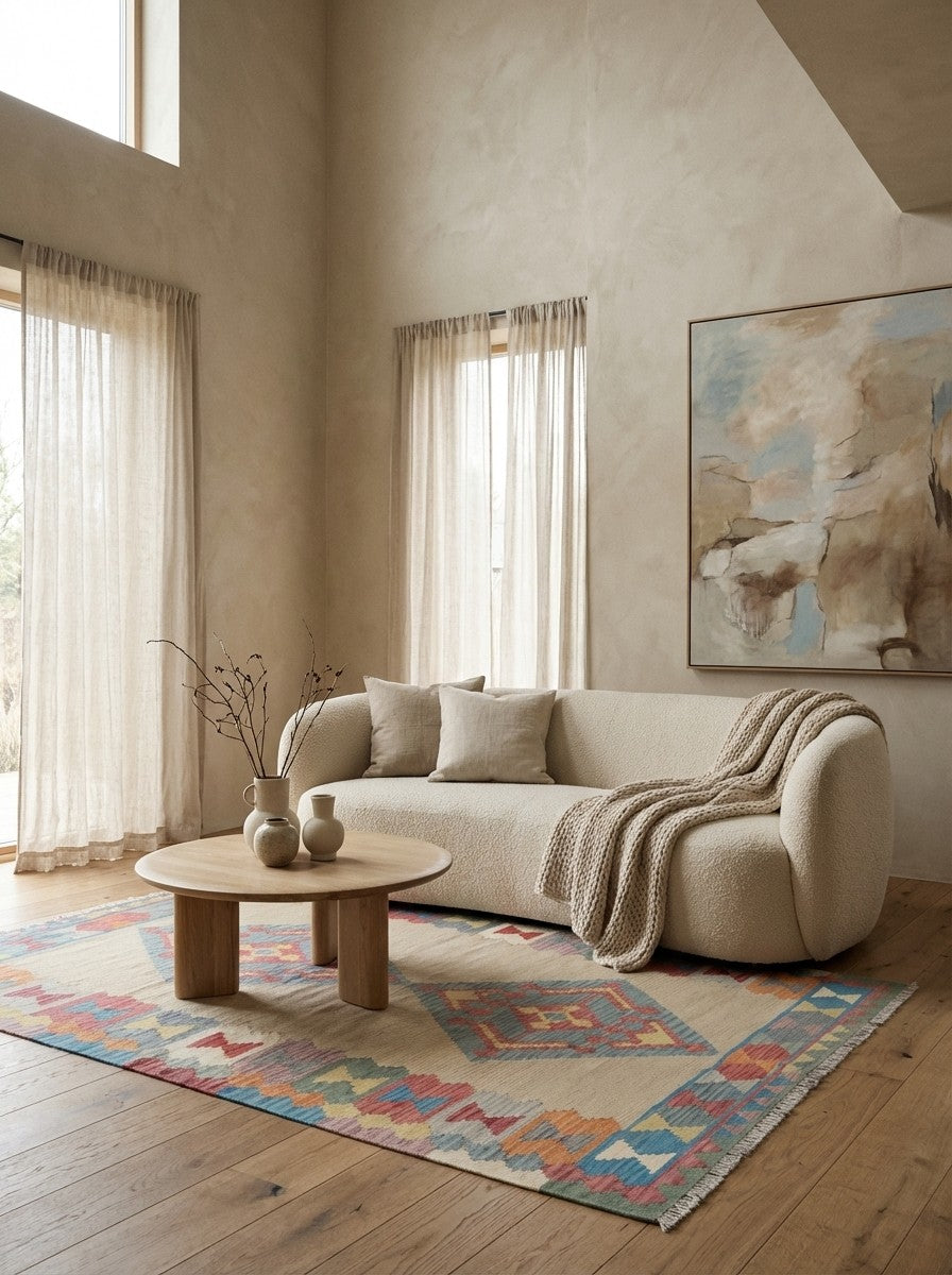 Kelim Gashgai — Handmade, 175x243 cm, Beige, 100% Virgin Wool | Detail view