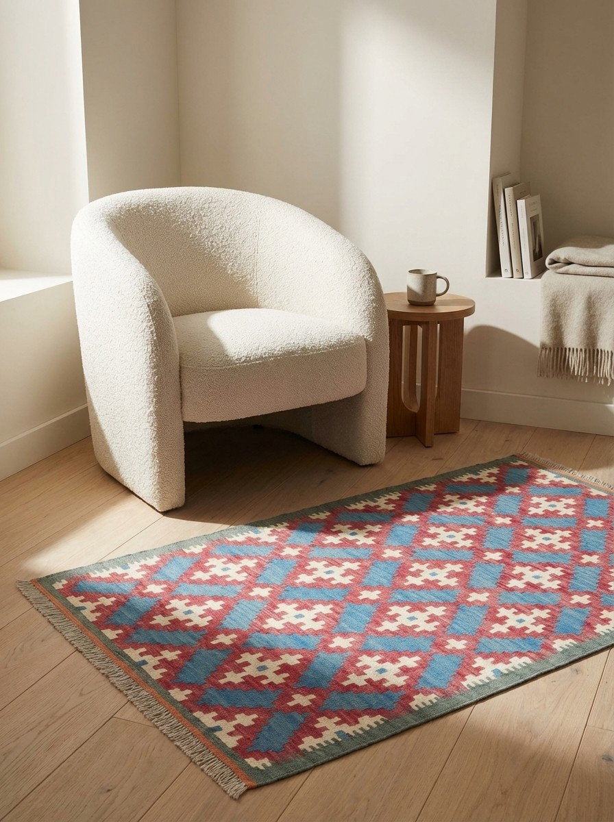 Kelim Gashgai — Handgefertigt, 128x85 cm, Grün, 100% Virgin Wool | Detail view