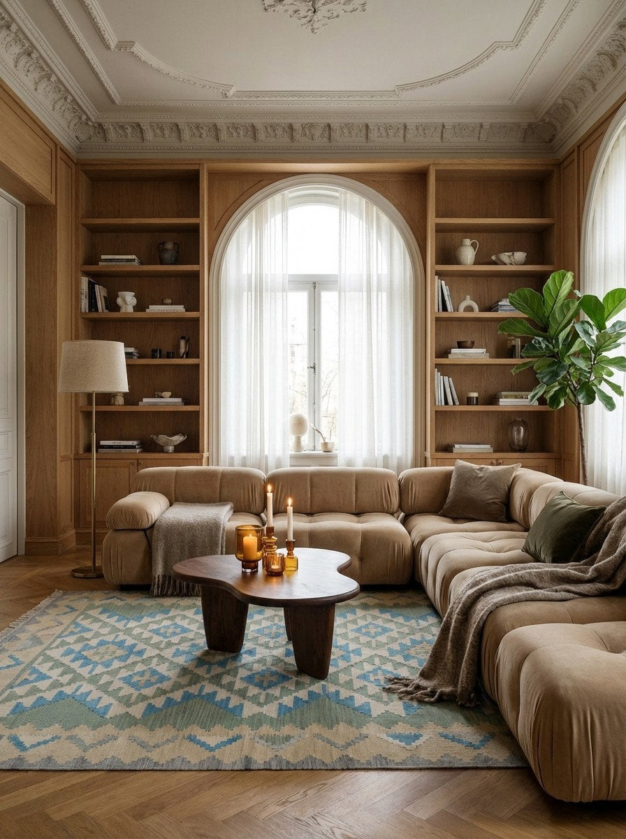 Kelim Gashgai — Handgefertigt, 229x168 cm, Beige, 100% Virgin Wool | Back view