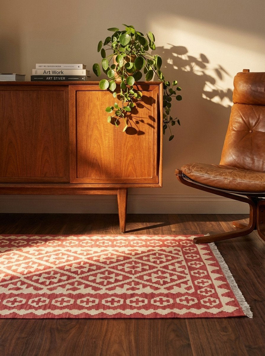 Kelim Gashgai — Handgefertigt, 145x108 cm, Beige, 100% Virgin Wool | Back view