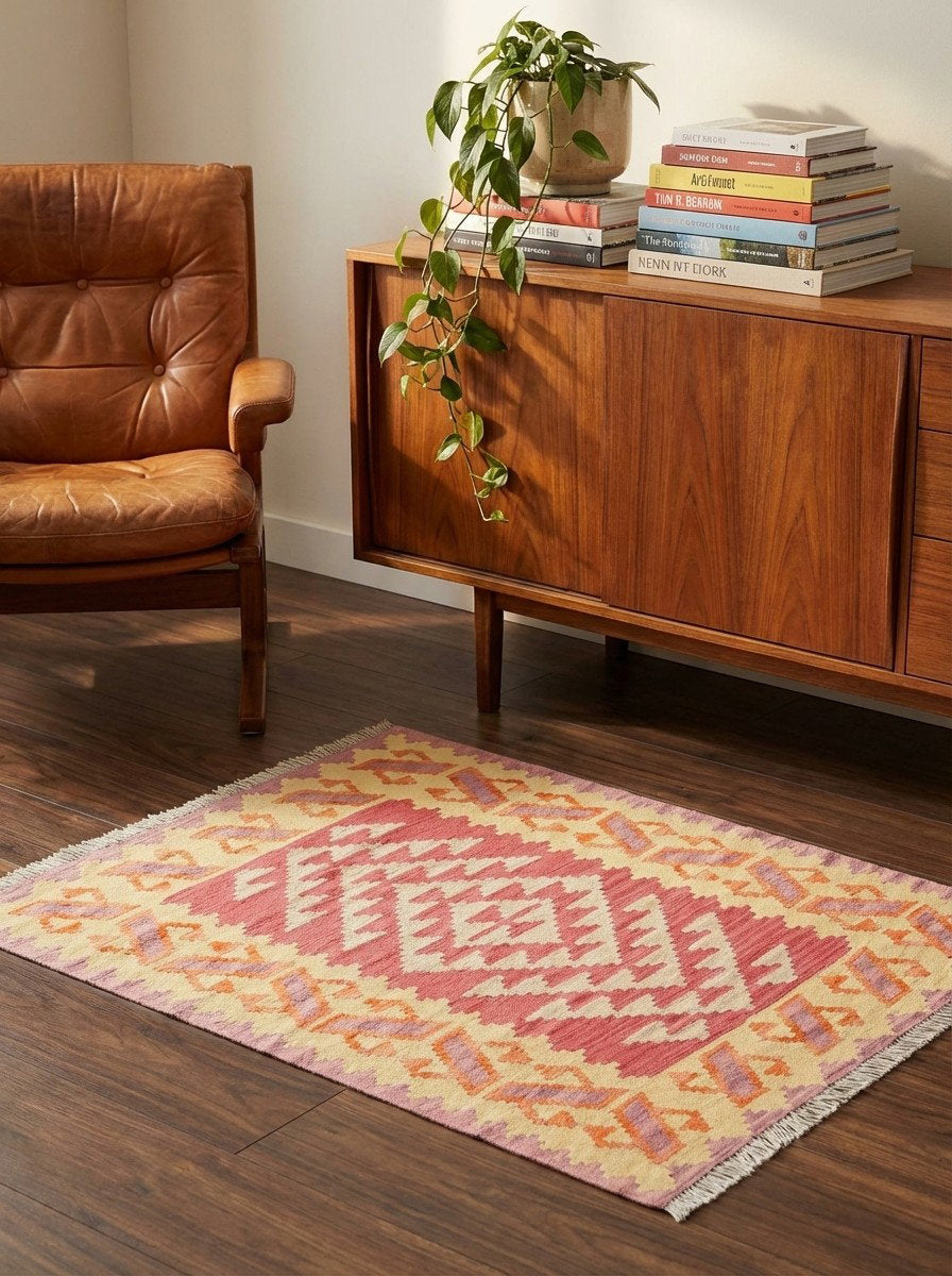 Kelim Gashgai — Handgefertigt, 147x106 cm, Gelb, 100% Virgin Wool | Back view