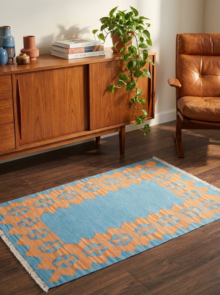 Kelim Gashgai — Handgefertigt, 119x85 cm, Orange, 100% Virgin Wool | Back view