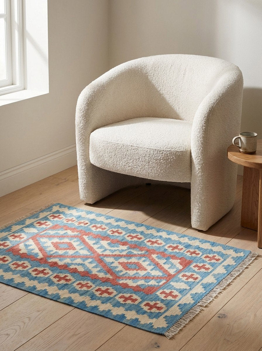 Kelim Gashgai — Handgefertigt, 122x84 cm, Blau, 100% Virgin Wool | Detail view