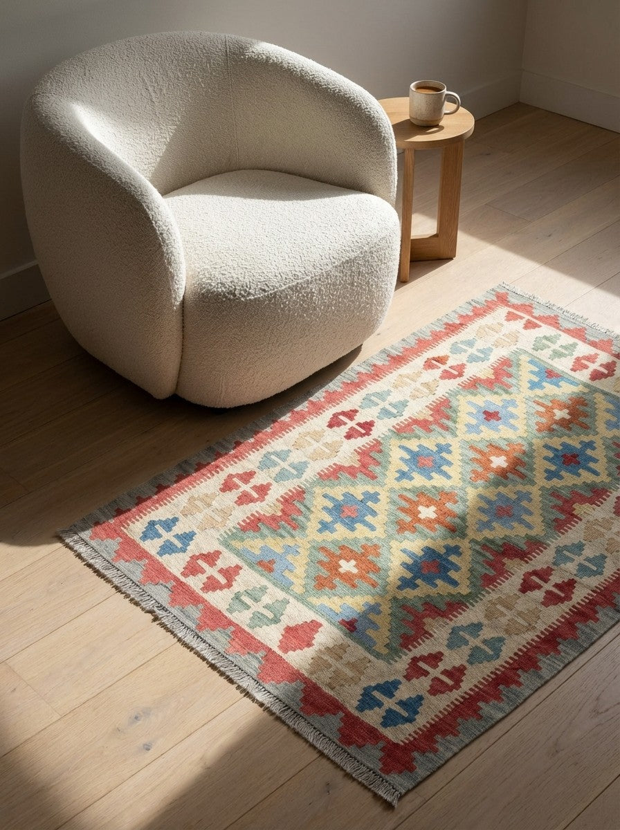 Kelim Gashgai — Handmade, 103x148 cm, Orange, 100% Virgin Wool | Detail view
