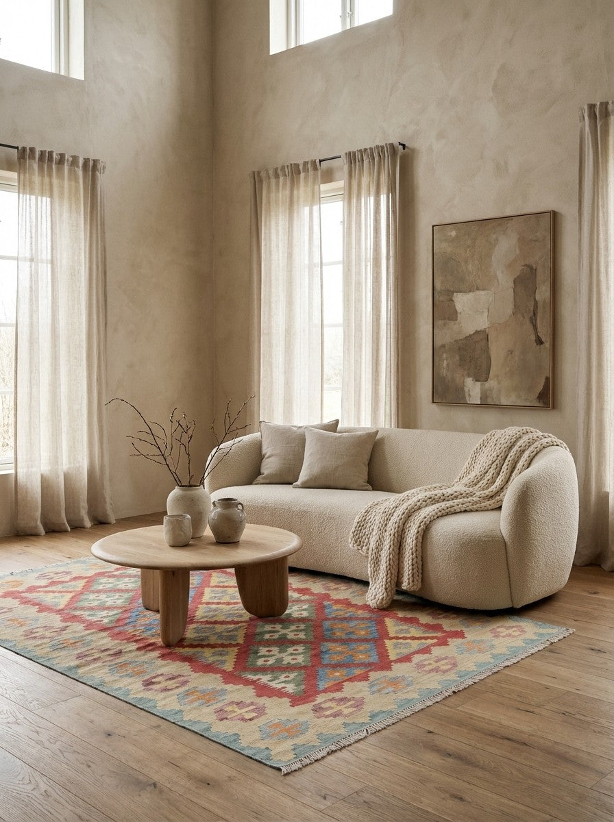 Kelim Gashgai — Handmade, 128x177 cm, Red, 100% Virgin Wool | Detail view