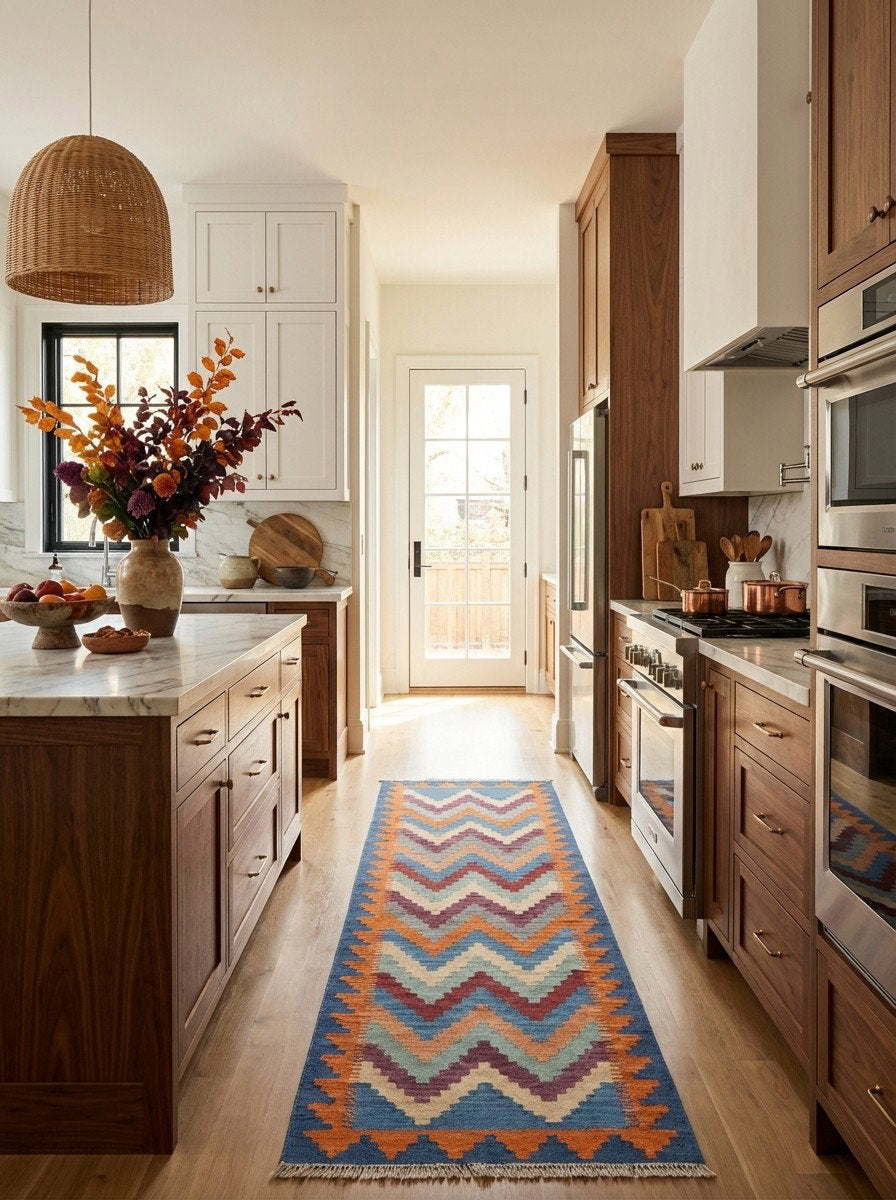 Kelim Gashgai — Handgefertigt, 197x55 cm, Blau, 100% Virgin Wool | Back view