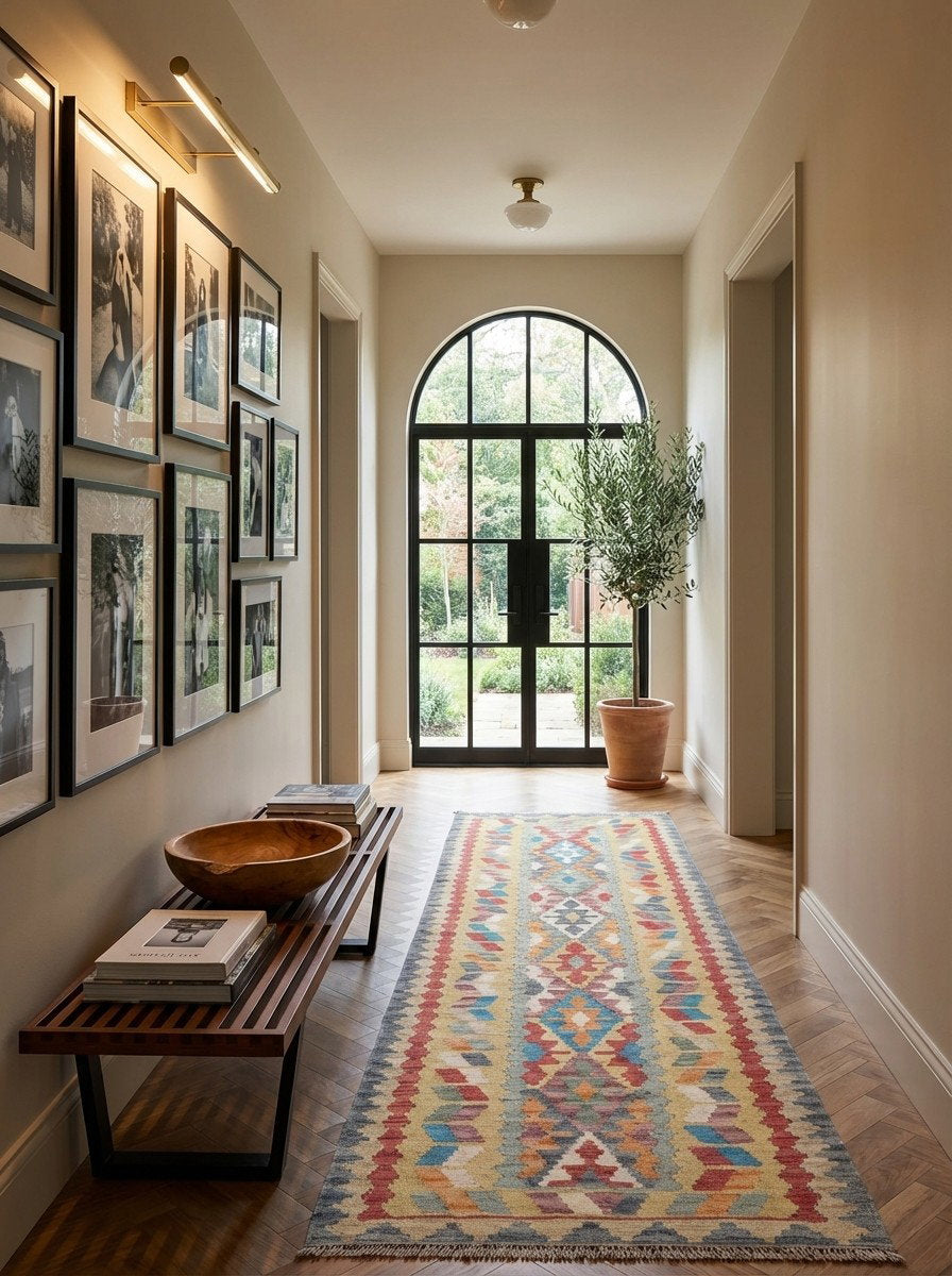 Kelim Gashgai — Handgefertigt, 242x83 cm, Bunt, 100% Virgin Wool | Detail view