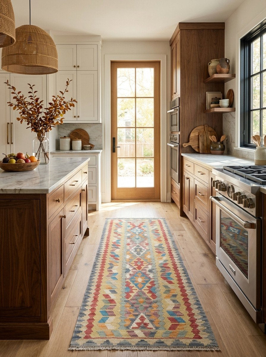 Kelim Gashgai — Handgefertigt, 242x83 cm, Bunt, 100% Virgin Wool | Back view