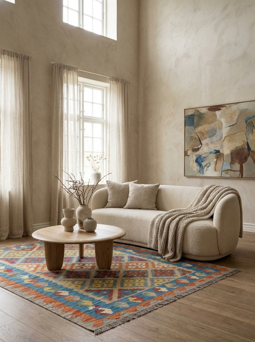 Kelim Gashgai — Handgefertigt, 180x130 cm, Blau, 100% Virgin Wool | Detail view