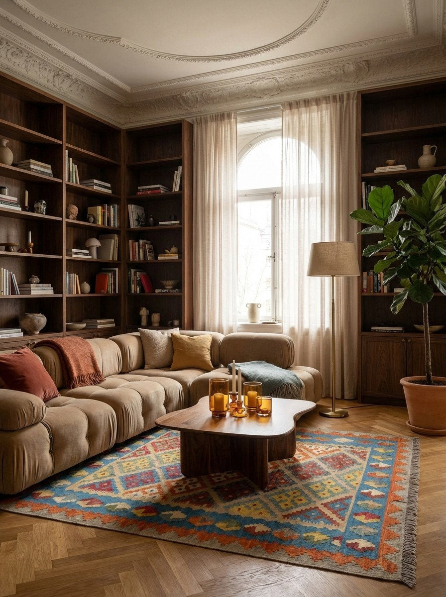 Kelim Gashgai — Handgefertigt, 180x130 cm, Blau, 100% Virgin Wool | Back view