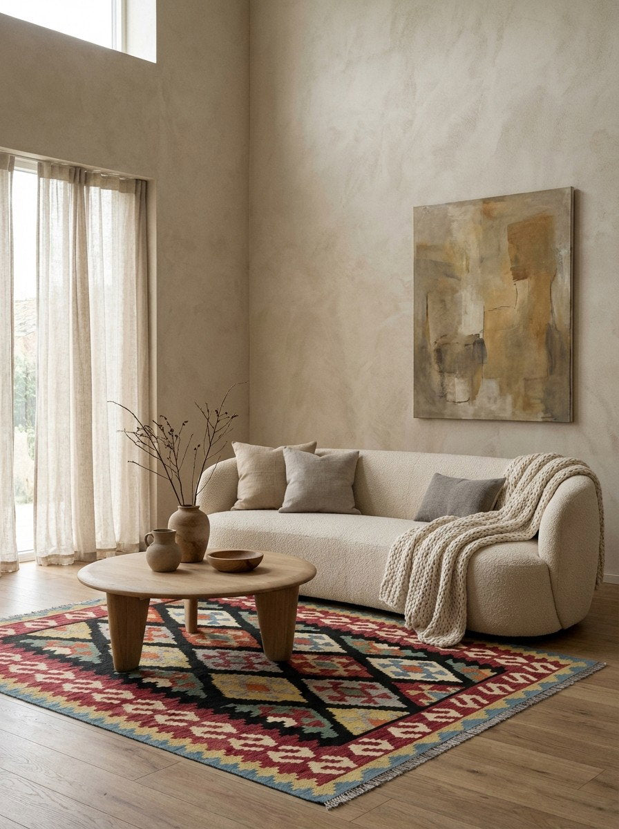 Kelim Gashgai — Handgefertigt, 197x158 cm, Rot, 100% Virgin Wool | Detail view