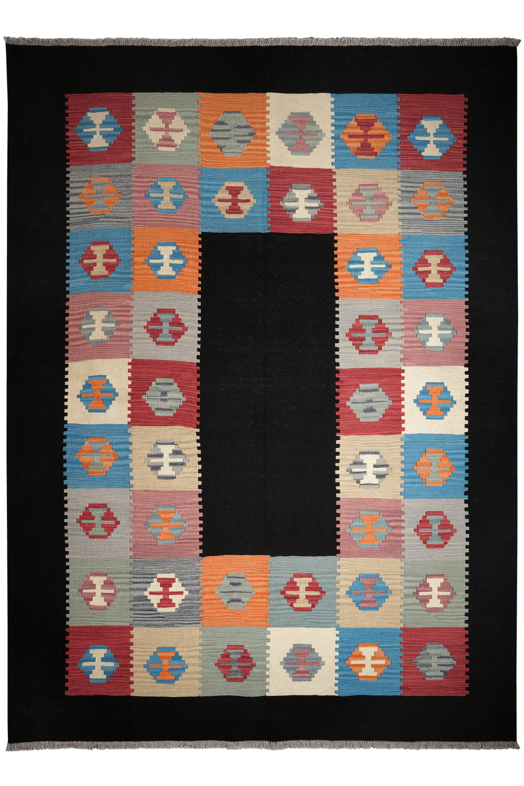 Kelim Gashgai — Handmade, 209x289 cm, Black, 100% Virgin Wool | Main view