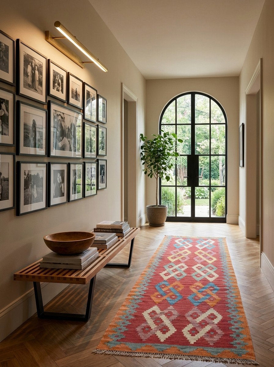 Kelim Gashgai — Handgefertigt, 186x62 cm, Blau, 100% Virgin Wool | Detail view