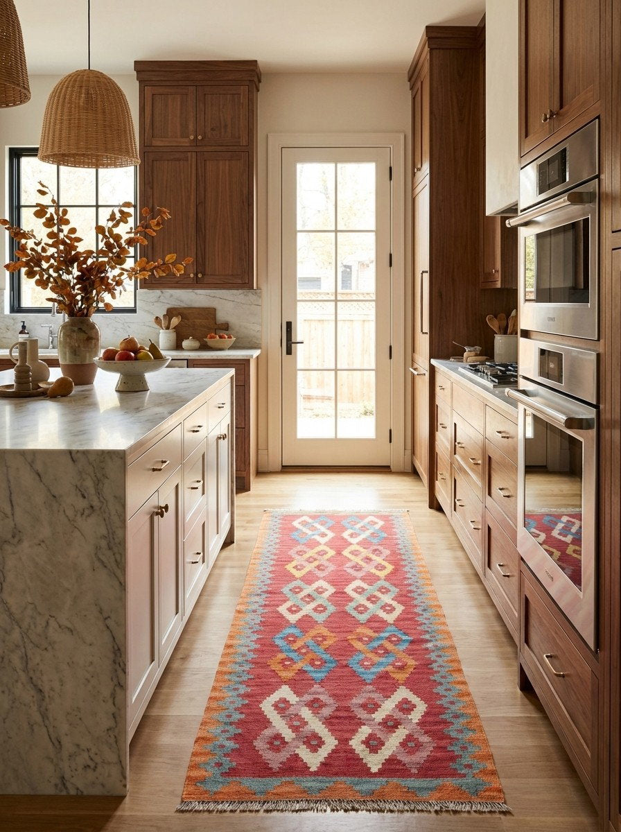 Kelim Gashgai — Handgefertigt, 186x62 cm, Blau, 100% Virgin Wool | Back view