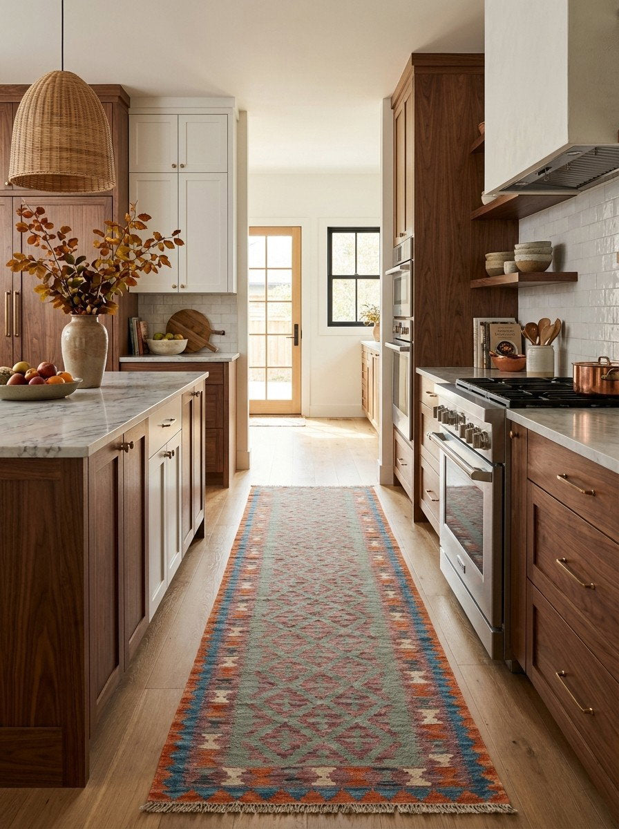 Kelim Gashgai — Handgefertigt, 415x85 cm, Rosa, 100% Virgin Wool | Back view