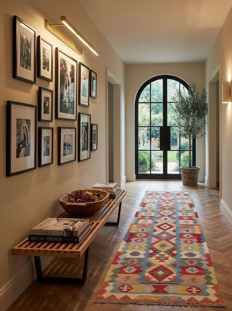 Kelim Gashgai — Handgefertigt, 398x106 cm, Bunt, 100% Virgin Wool | Detail view