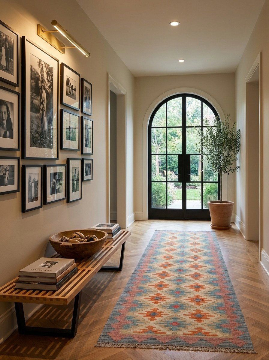 Kelim Gashgai — Handgefertigt, 250x83 cm, Bunt, 100% Virgin Wool | Detail view