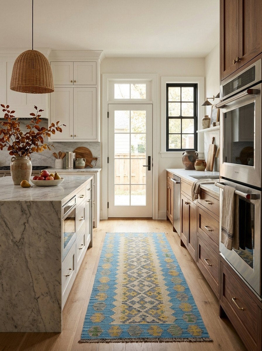 Kelim Gashgai — Handgefertigt, 249x88 cm, Blau, 100% Virgin Wool | Back view