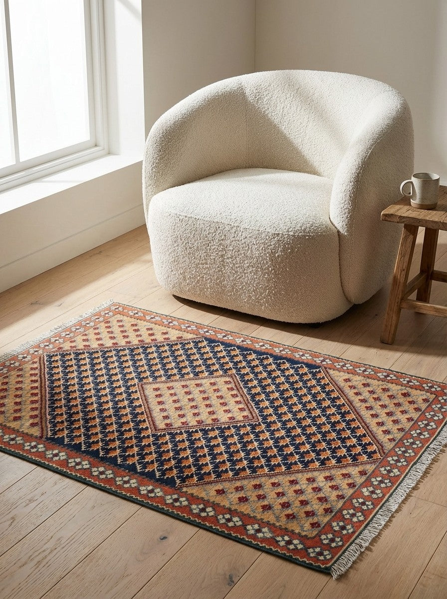 Kelim Senneh — Handmade, 106x150 cm, Blue, 100% Virgin Wool | Detail view
