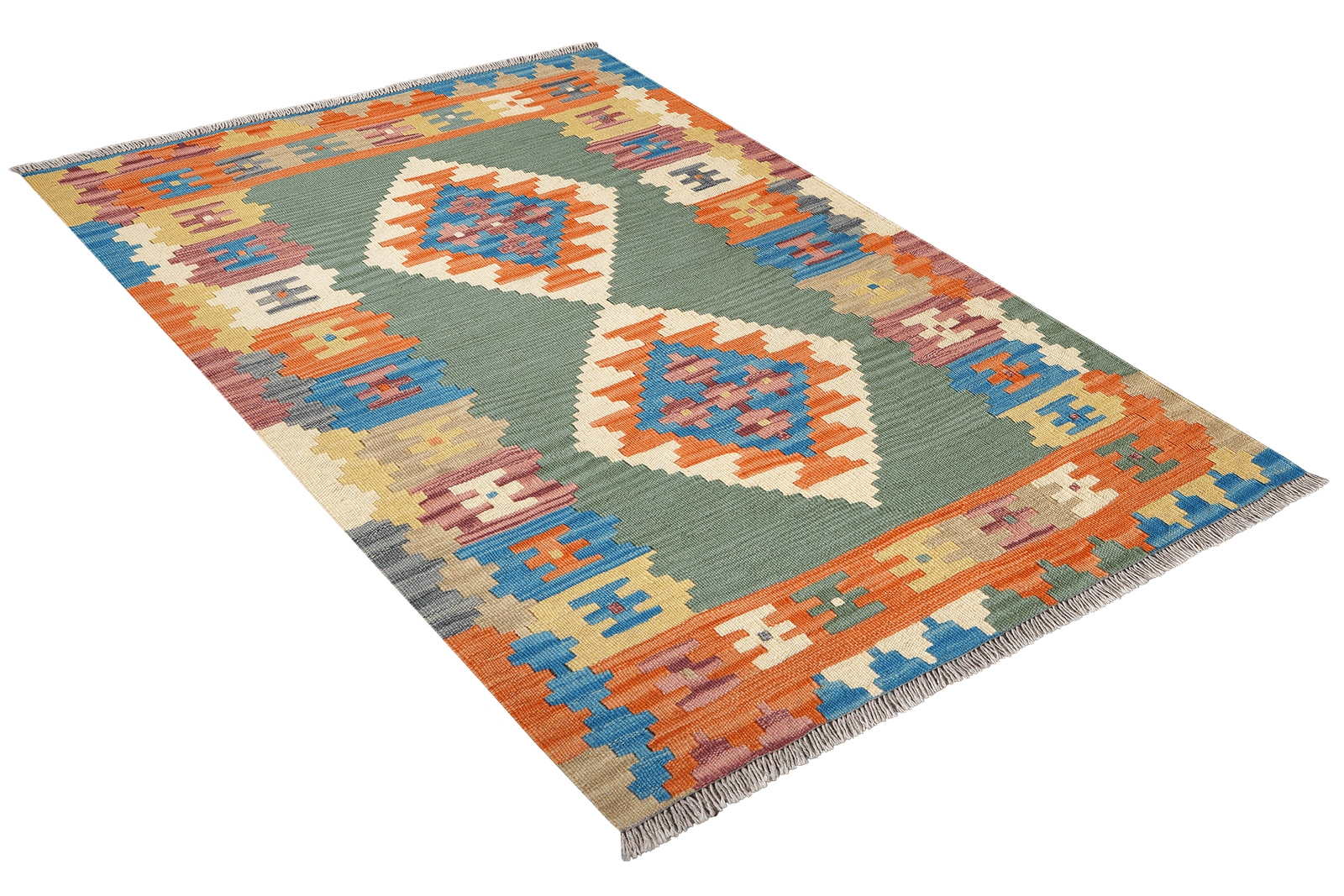 Kelim Gashgai — Handmade, 101x152 cm, Green, 100% Virgin Wool | View 4