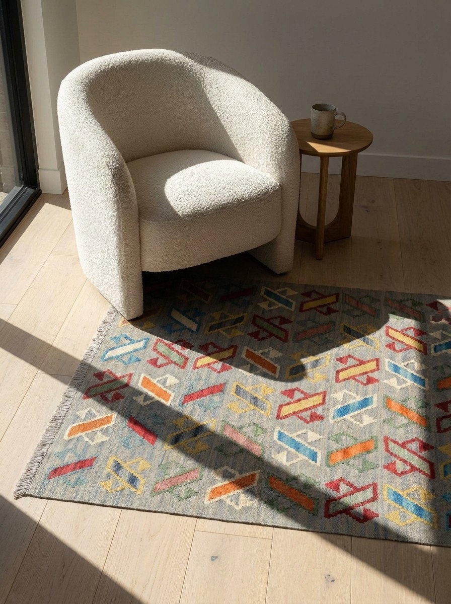 Kelim Gashgai — Handgefertigt, 150x102 cm, Grau, 100% Virgin Wool | Detail view