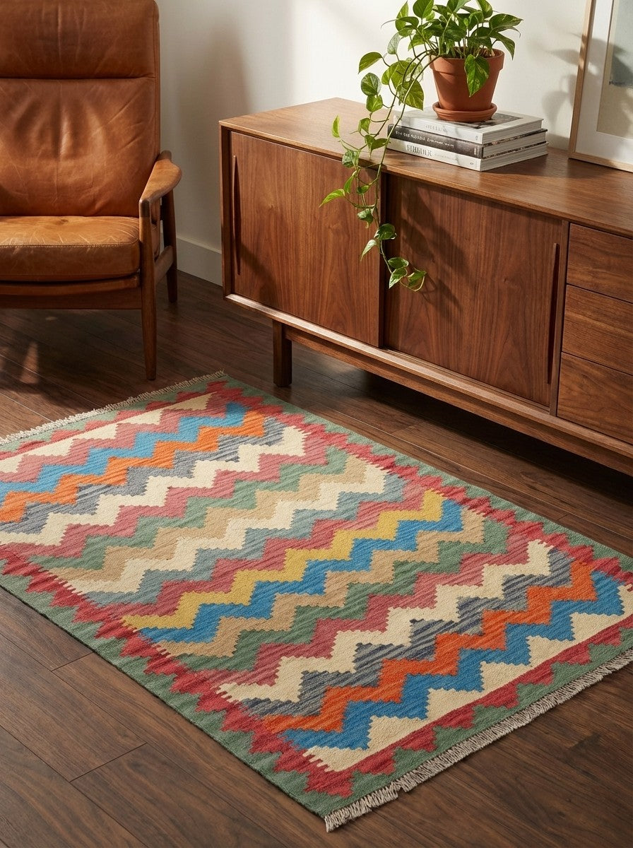 Kelim Gashgai — Handmade, 106x154 cm, Multicolor, 100% Virgin Wool | Back view