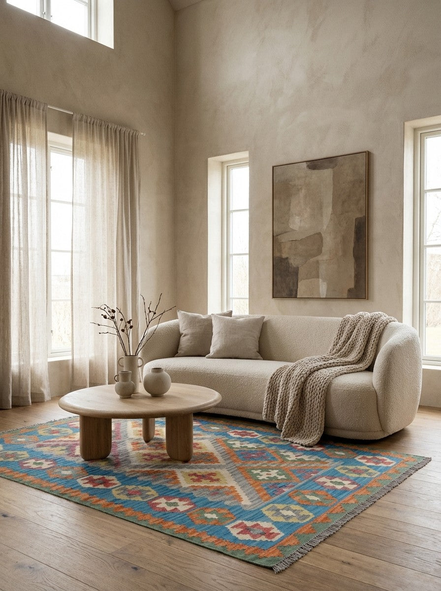 Kelim Gashgai — Handmade, 123x176 cm, Grey, 100% Virgin Wool | Detail view