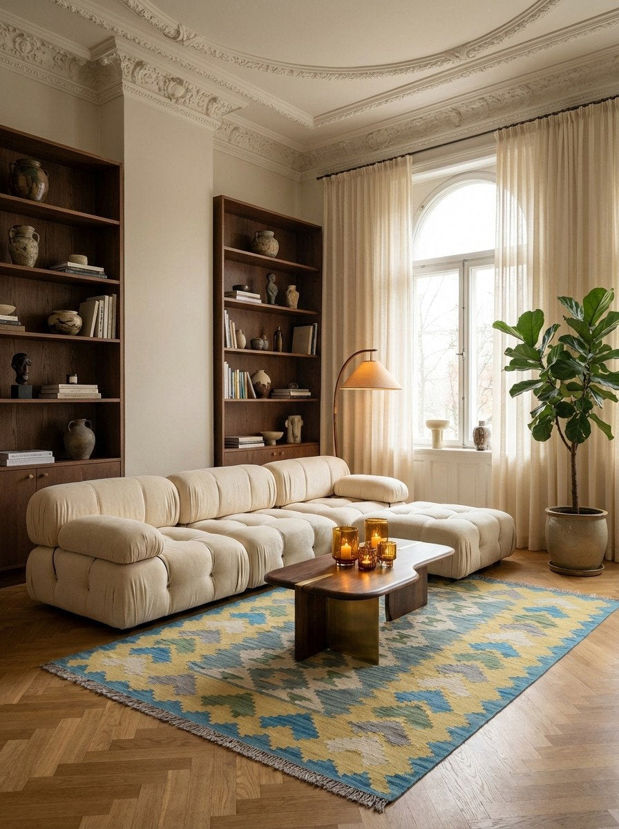 Kelim Gashgai — Handgefertigt, 167x122 cm, Gelb, 100% Virgin Wool | Back view