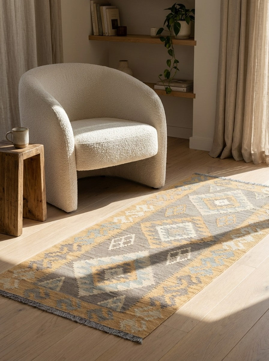 Kelim Gashgai — Handmade, 86x195 cm, Grey, 100% Virgin Wool | Detail view