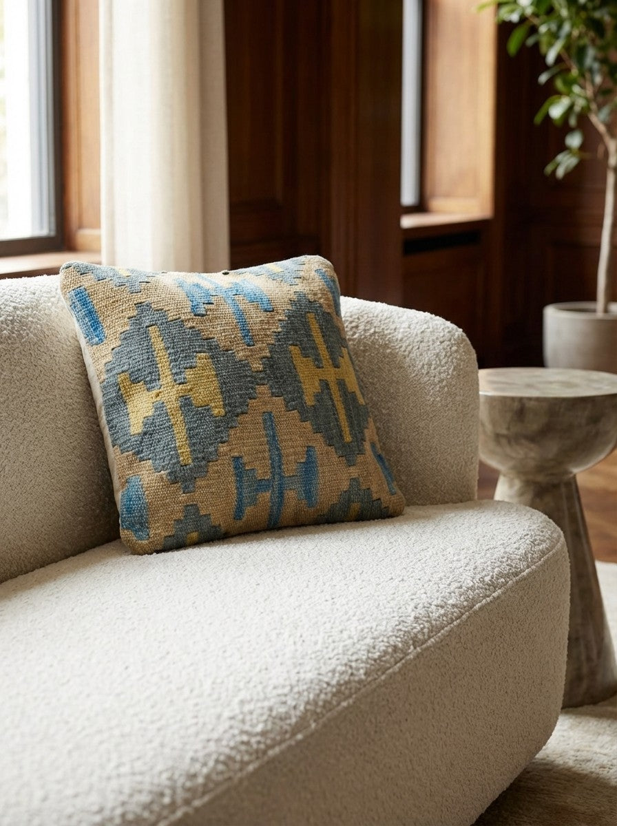 Kelim Kissen — Handmade, 40x40 cm, Multicolor, 100% Virgin Wool | Detail view