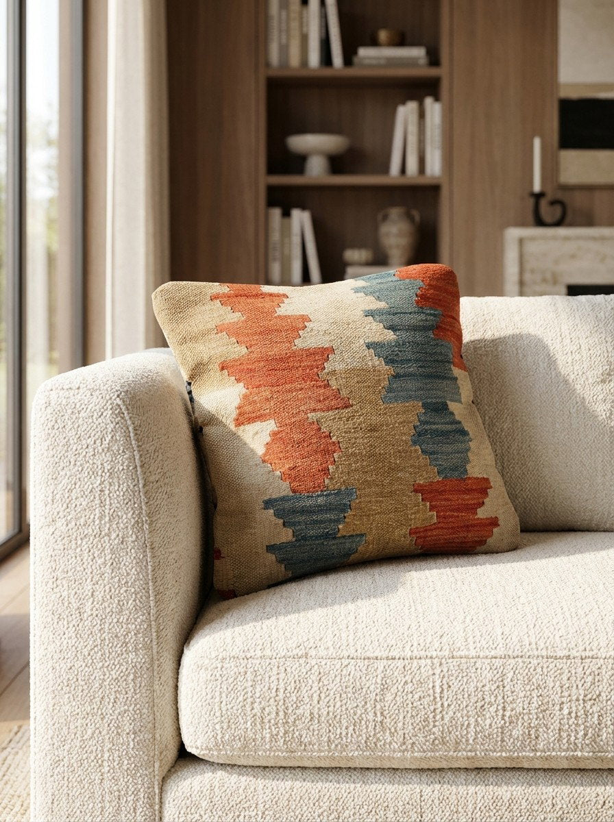 Kelim Kissen — Handgefertigt, 40x40 cm, Bunt, 100% Virgin Wool | Detail view