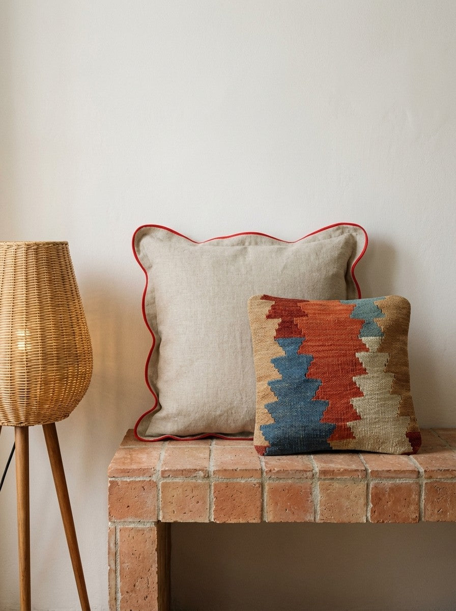 Kelim Kissen — Handmade, 40x40 cm, Multicolor, 100% Virgin Wool | Back view