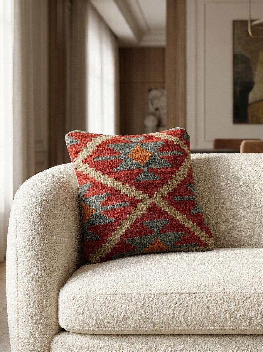 Kelim Kissen — Handmade, 40x40 cm, Multicolor, 100% Virgin Wool | Detail view