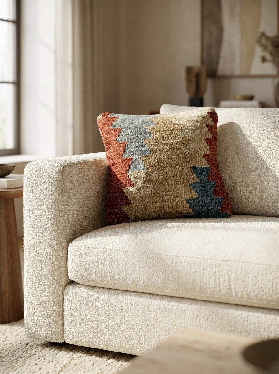 Kelim Kissen — Handmade, 40x40 cm, Multicolor, 100% Virgin Wool | Detail view