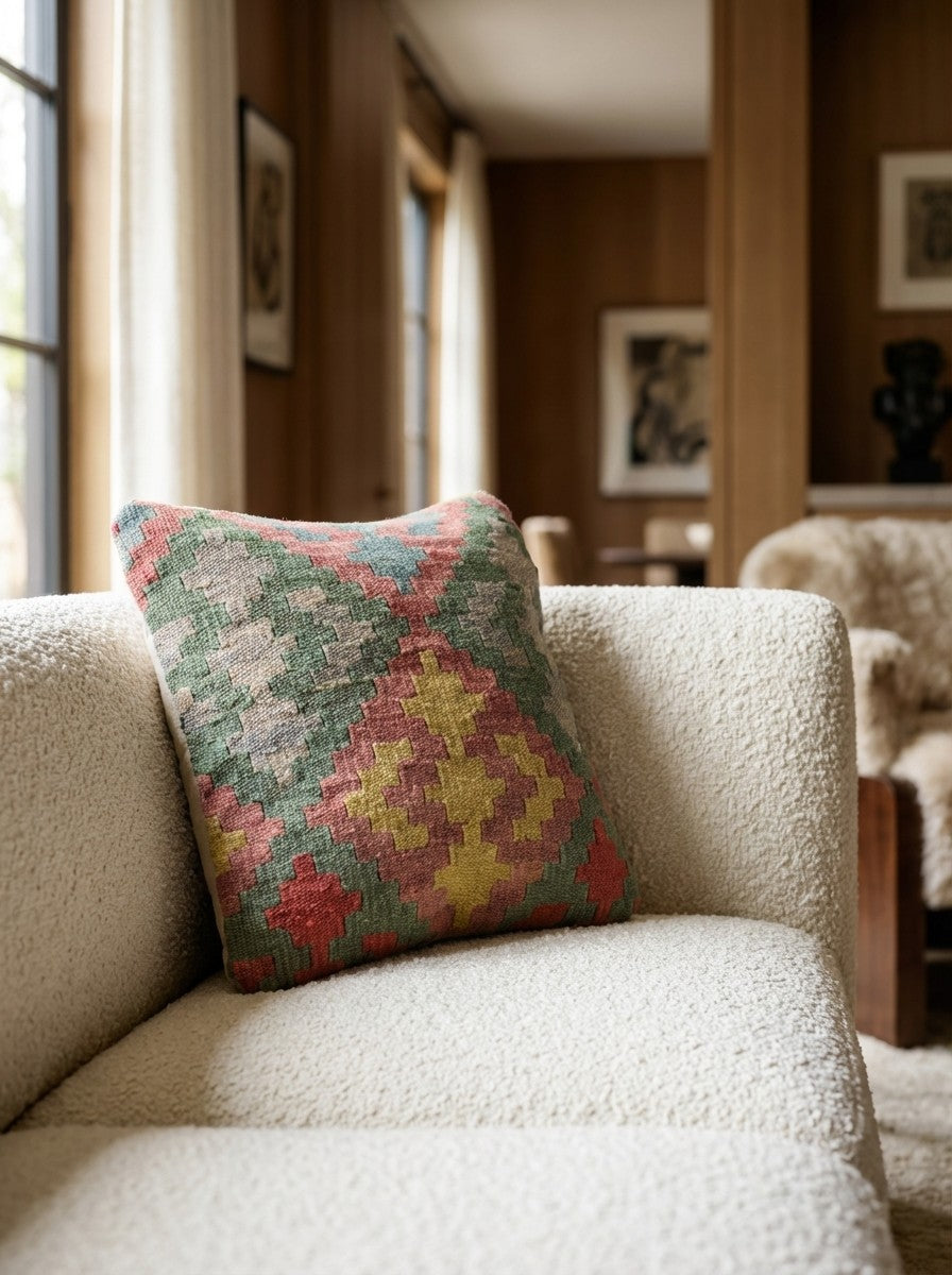 Kelim Kissen — Handmade, 40x40 cm, Multicolor, 100% Virgin Wool | Detail view