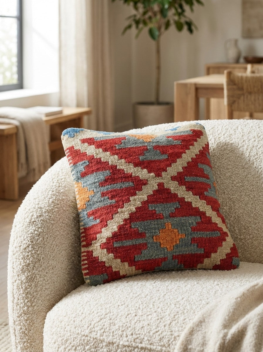 Kelim Kissen — Handmade, 40x40 cm, Multicolor, 100% Virgin Wool | Detail view